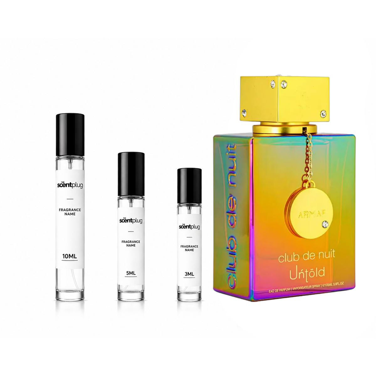 Sample of Club de Nuit Untold by Armaf, a luxurious men's fragrance in a sleek glass bottle with a black cap.
