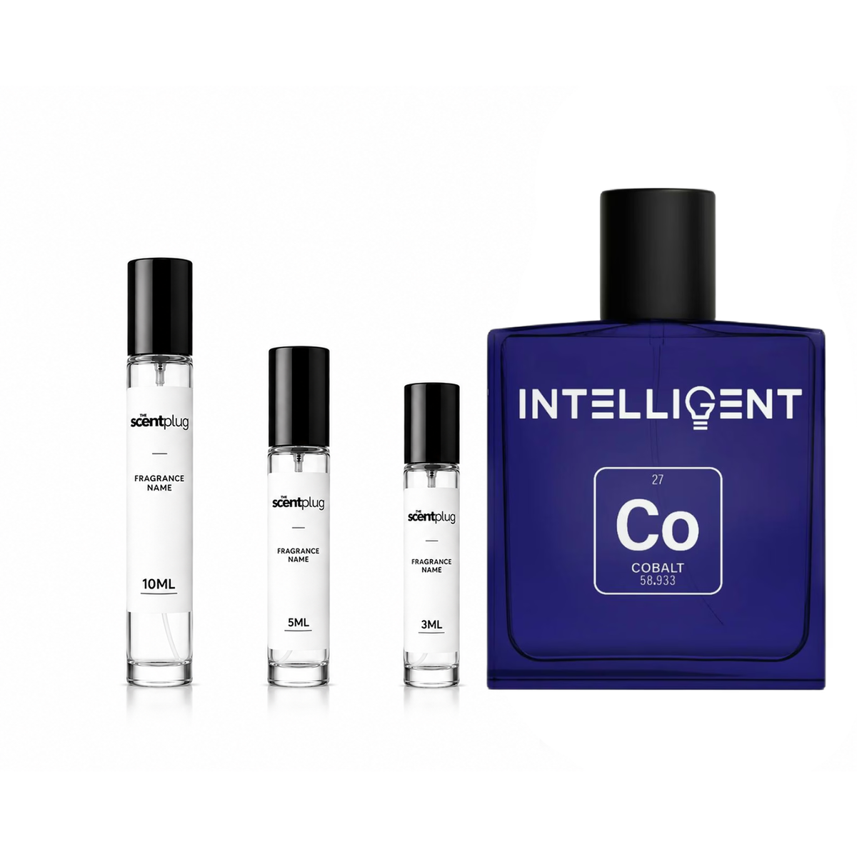 Cobalt Intelligent Decant sample from The Scent Plug, showcasing a sleek blue bottle for fragrance transfer and storage.