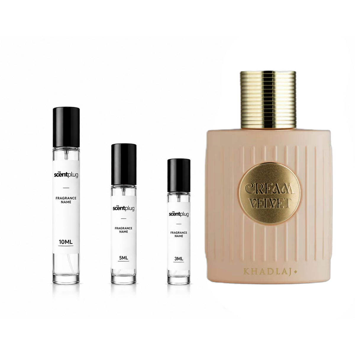 Cream Velvet Khadlaj perfume decant sample from The Scent Plug, featuring elegant cream-colored packaging and branding.