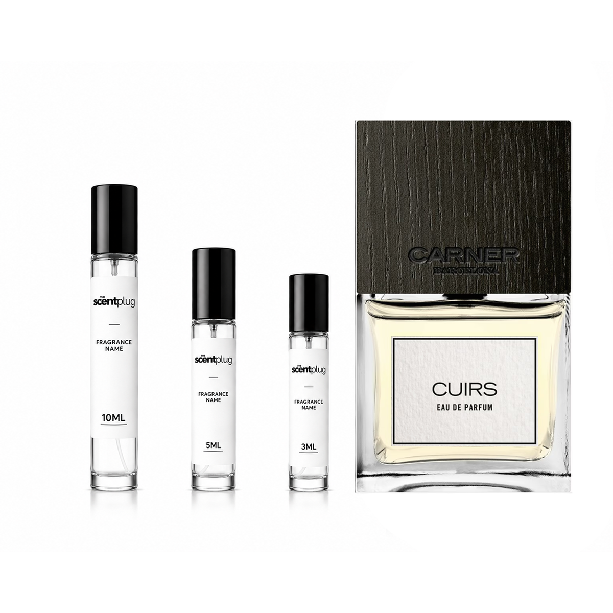 Sample of Cuirs Carner Barcelona decant, featuring elegant leather packaging and branding from The Scent Plug.