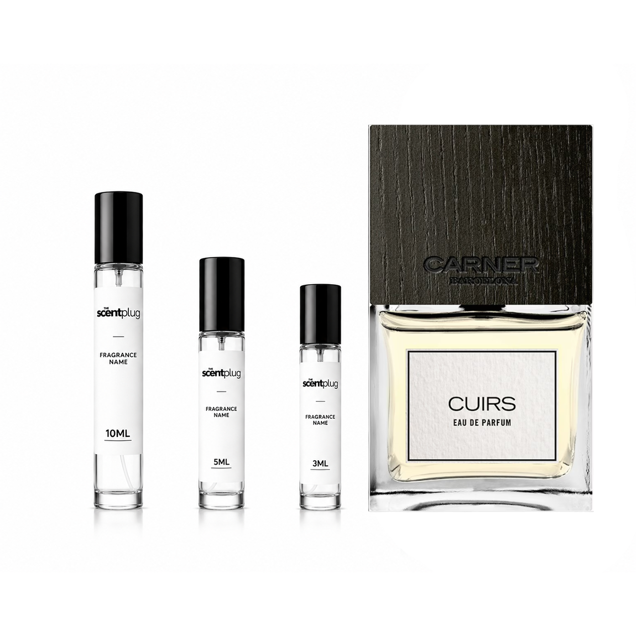 Sample of Cuirs Carner Barcelona decant, featuring elegant leather packaging and branding from The Scent Plug.