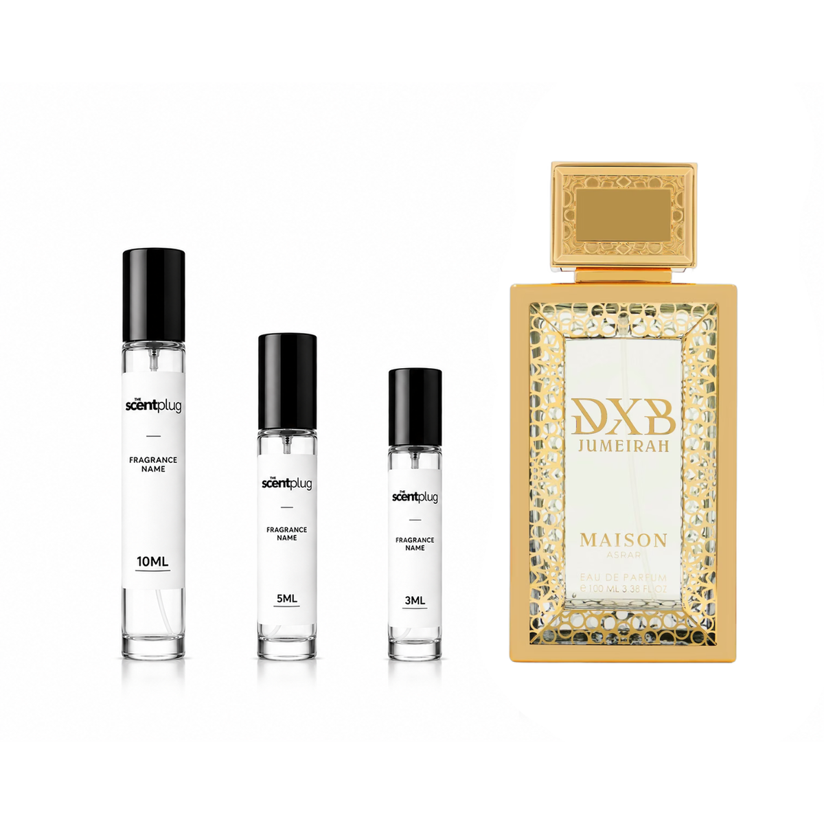 DXB Juneirah Maison Asrar decant sample by The Scent Plug, featuring elegant fragrance packaging and a sleek bottle design.