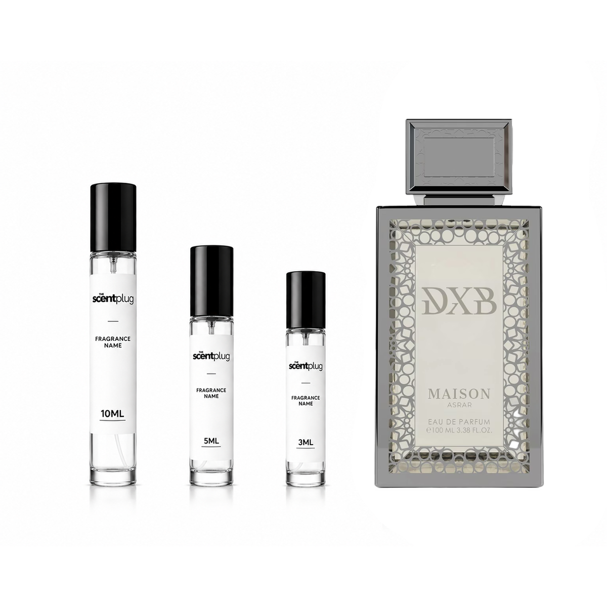 DXB MAISON ASRAR decant sample from The Scent Plug, featuring a small glass bottle with a black cap and elegant label.