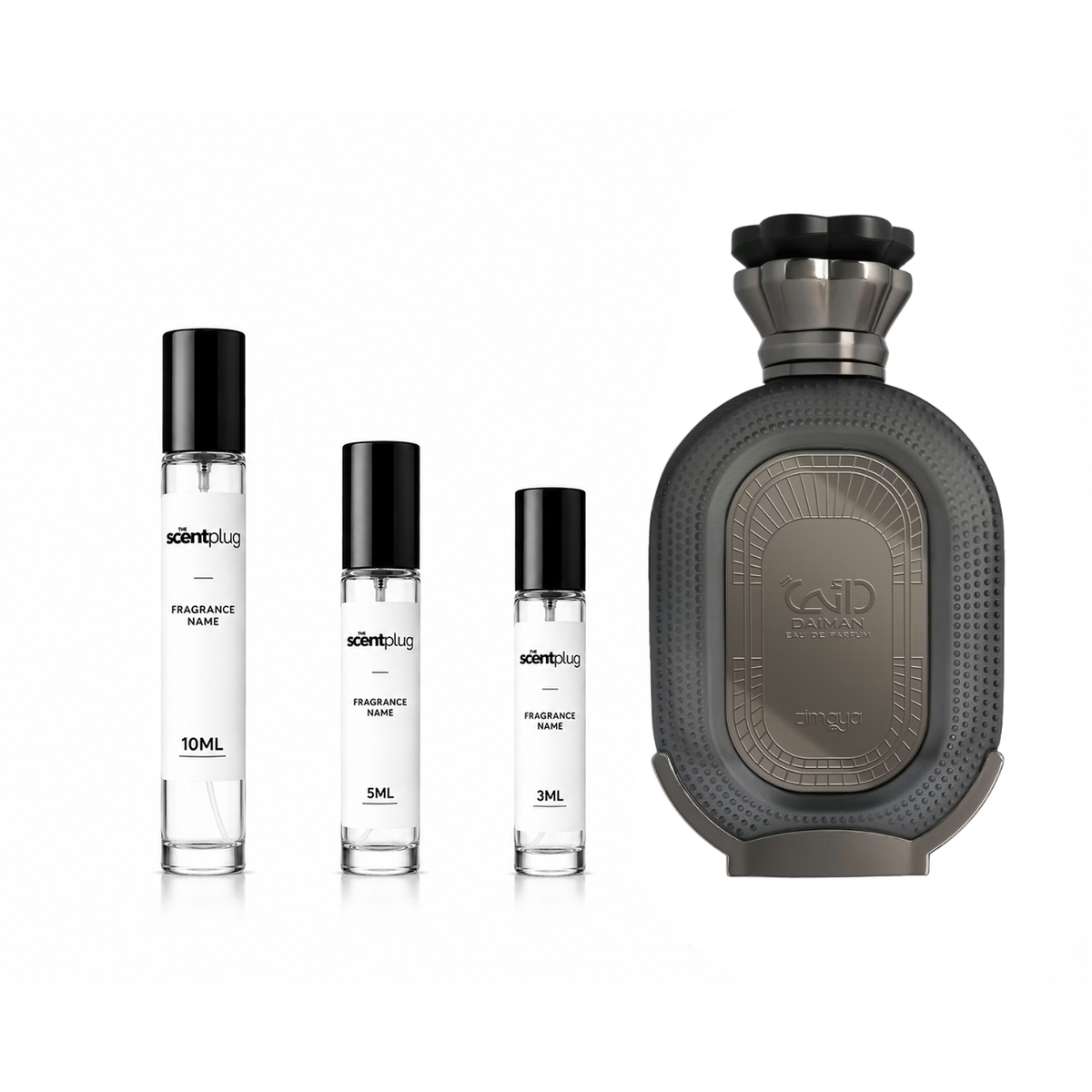 Daiman Eclipse Zimaya decant sample by The Scent Plug, showcasing the elegant glass bottle and fragrance label.