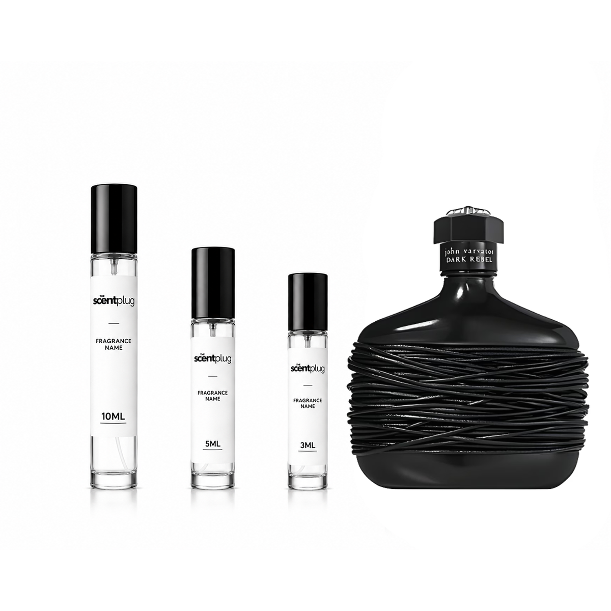 Dark Rebel by John Varvatos scent sample bottle from The Scent Plug, showcasing the dark, edgy fragrance design.