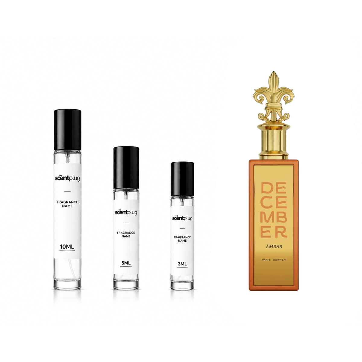 December Ambar Paris Corner decant by The Scent Plug, showcasing a small sample bottle of warm, amber fragrance.