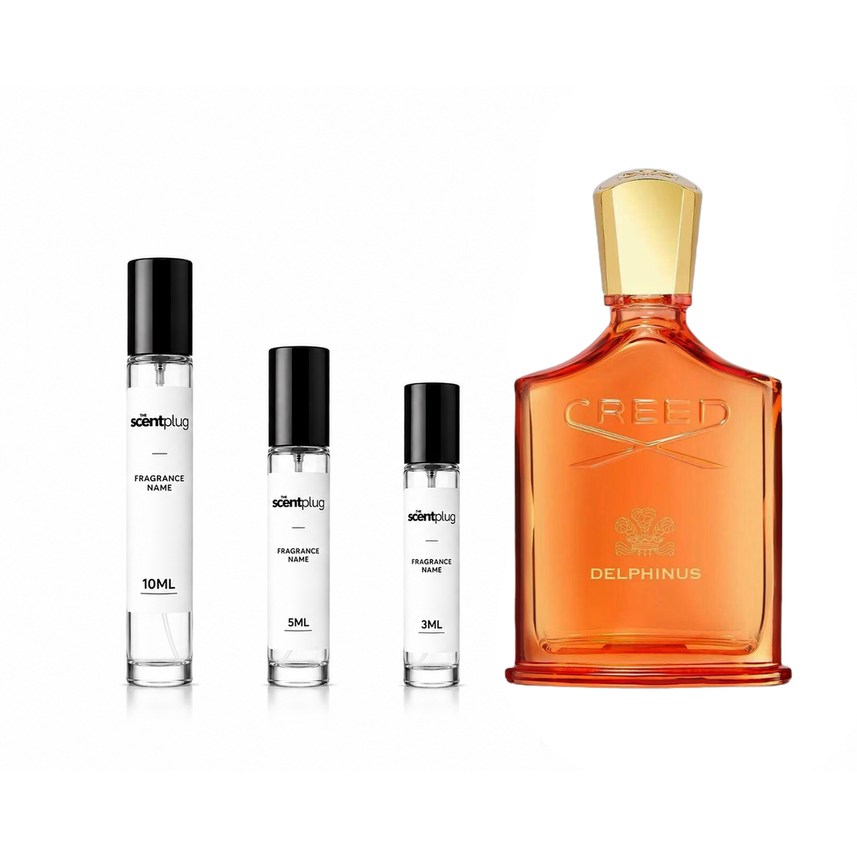 Delphinus Creed fragrance sample by The Scent Plug, featuring a sleek bottle with elegant branding and a minimalist design.