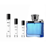 Sample of Desire Blue by Alfred Dunhill decant from The Scent Plug, featuring a sleek bottle with a blue label and elegant design.