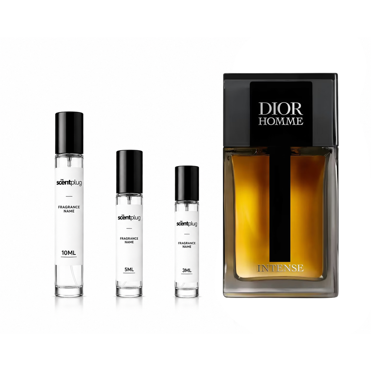 Dior Homme Intense 2025 fragrance sample decant from The Scent Plug, featuring the iconic Dior perfume bottle and packaging.