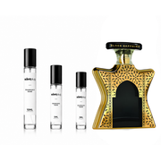 Sample of Dubai Black Sapphire perfume by Bond No 9, decanted and displayed with a sleek black bottle from The Scent Plug.