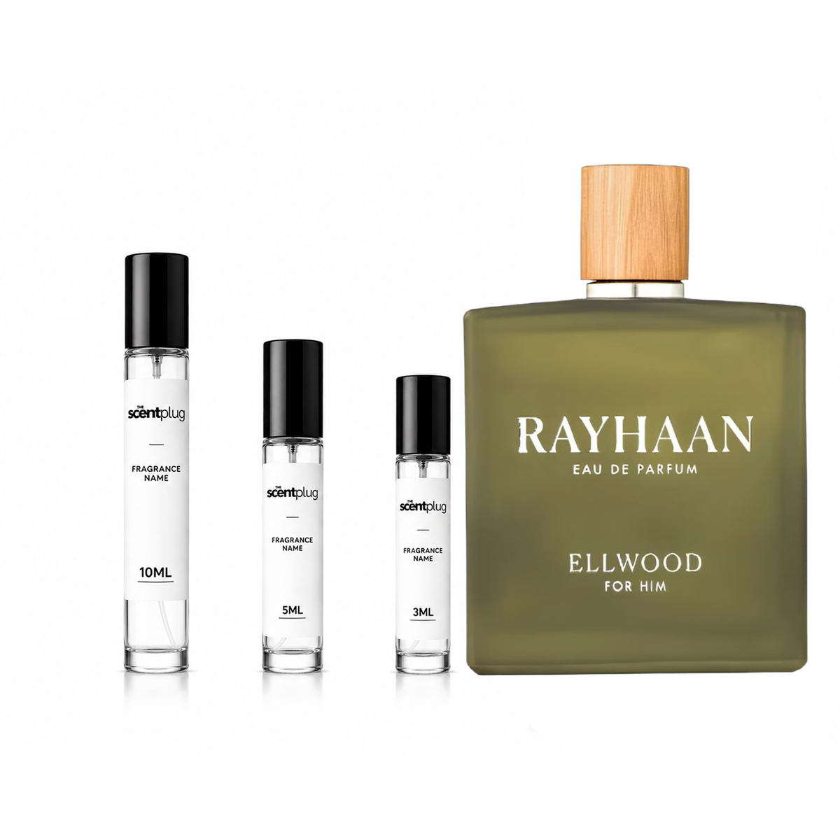 Ellwood Rayhaan decant sample by The Scent Plug, featuring a sleek container and elegant branding for fragrance testing.
