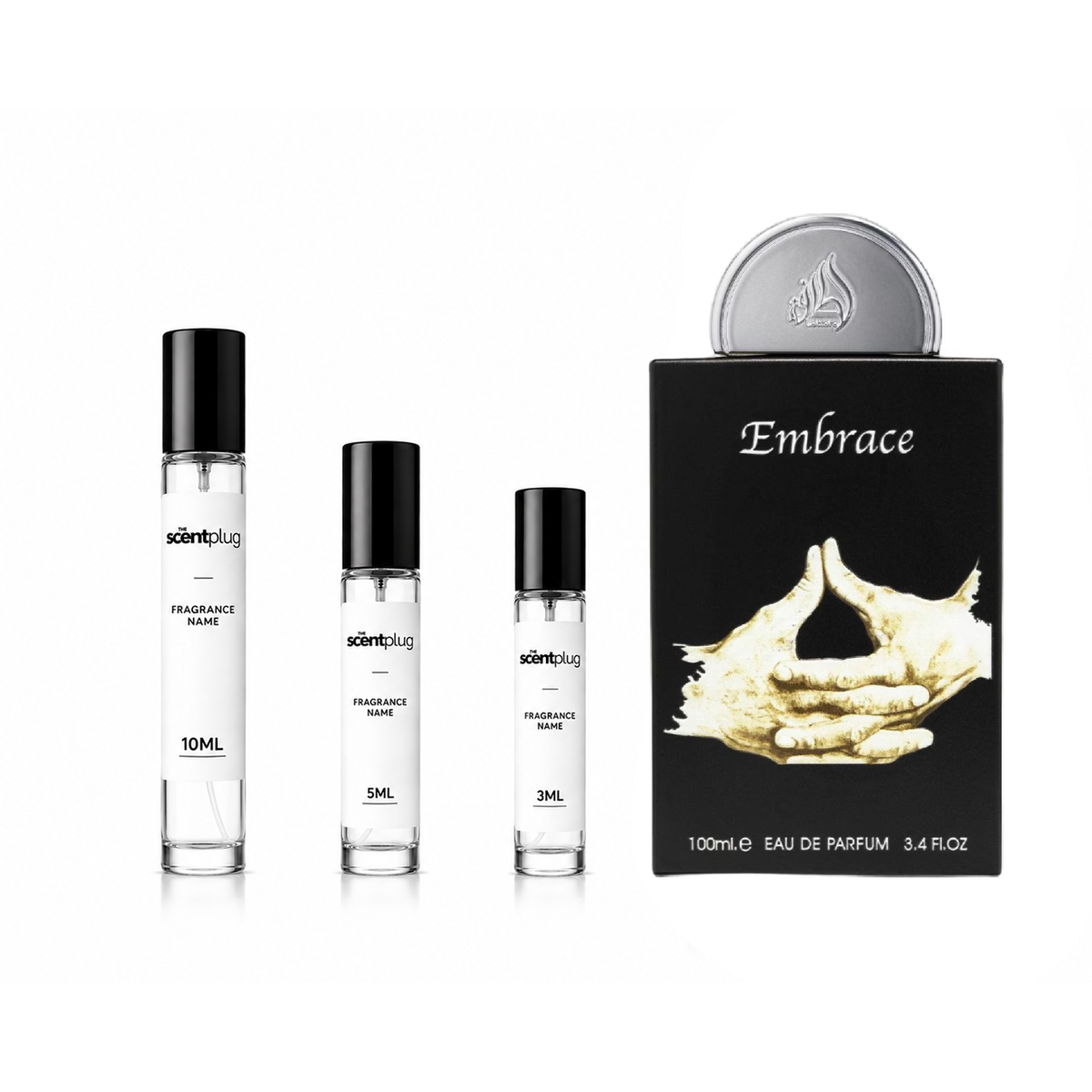 Embrace Lattafa Perfumes decant sample bottle from The Scent Plug, showcasing the fragrance packaging and label.