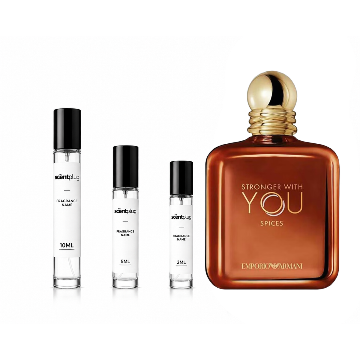 Decant of Emporio Armani Stronger With You Spices fragrance by Giorgio Armani, shown in a small sample bottle.
