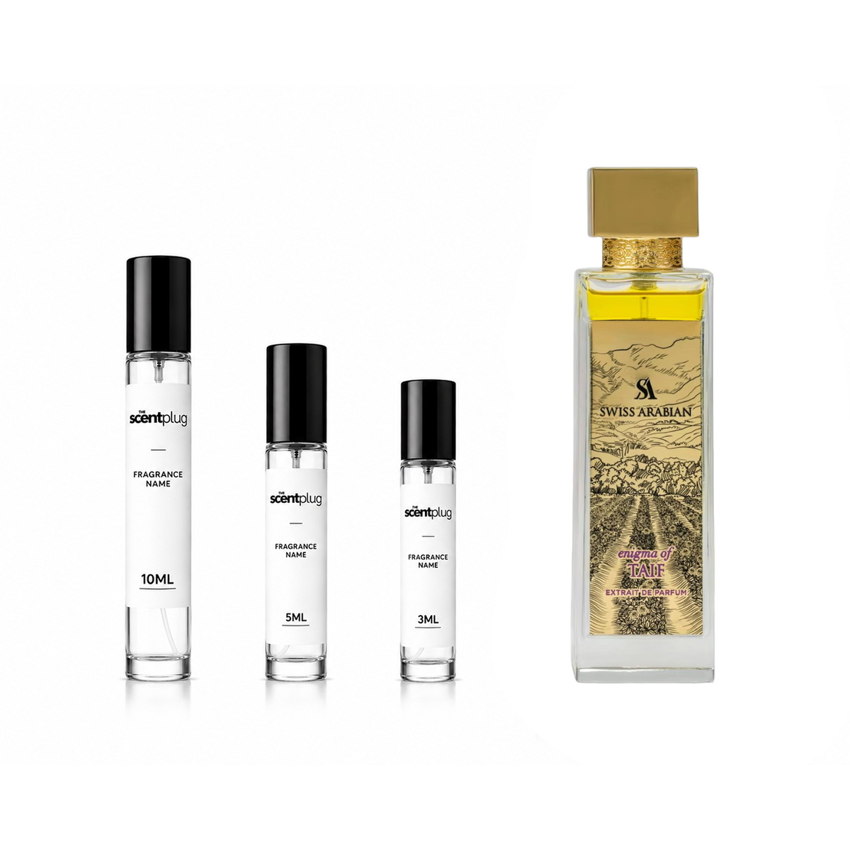 Sample bottle of Enigma of Taif Swiss Arabian perfume decant by The Scent Plug, featuring a sleek, elegant design.
