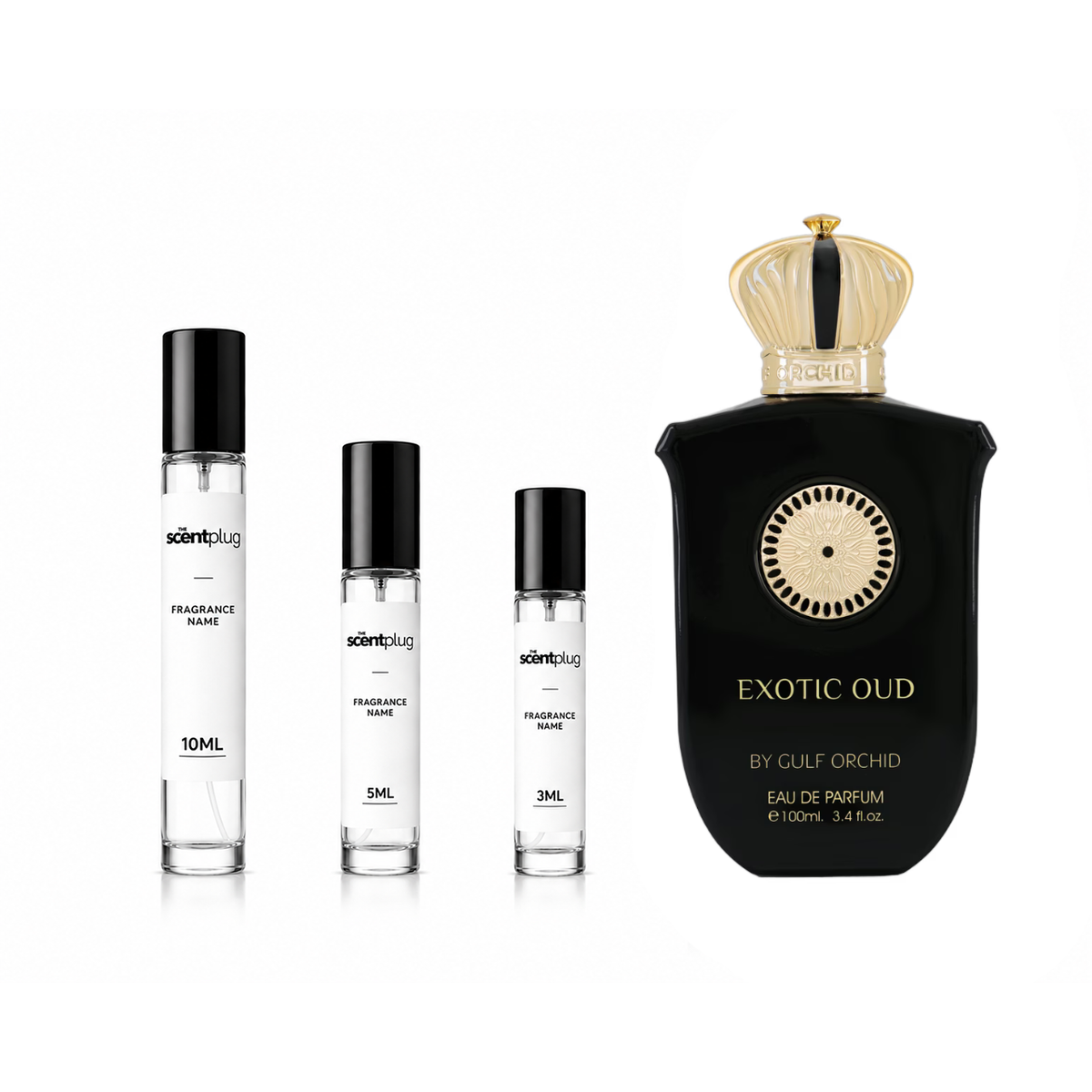 Exotic Oud Gulf Orchid decant sample by The Scent Plug, showcasing a bottle of luxurious oud perfume with elegant floral notes.