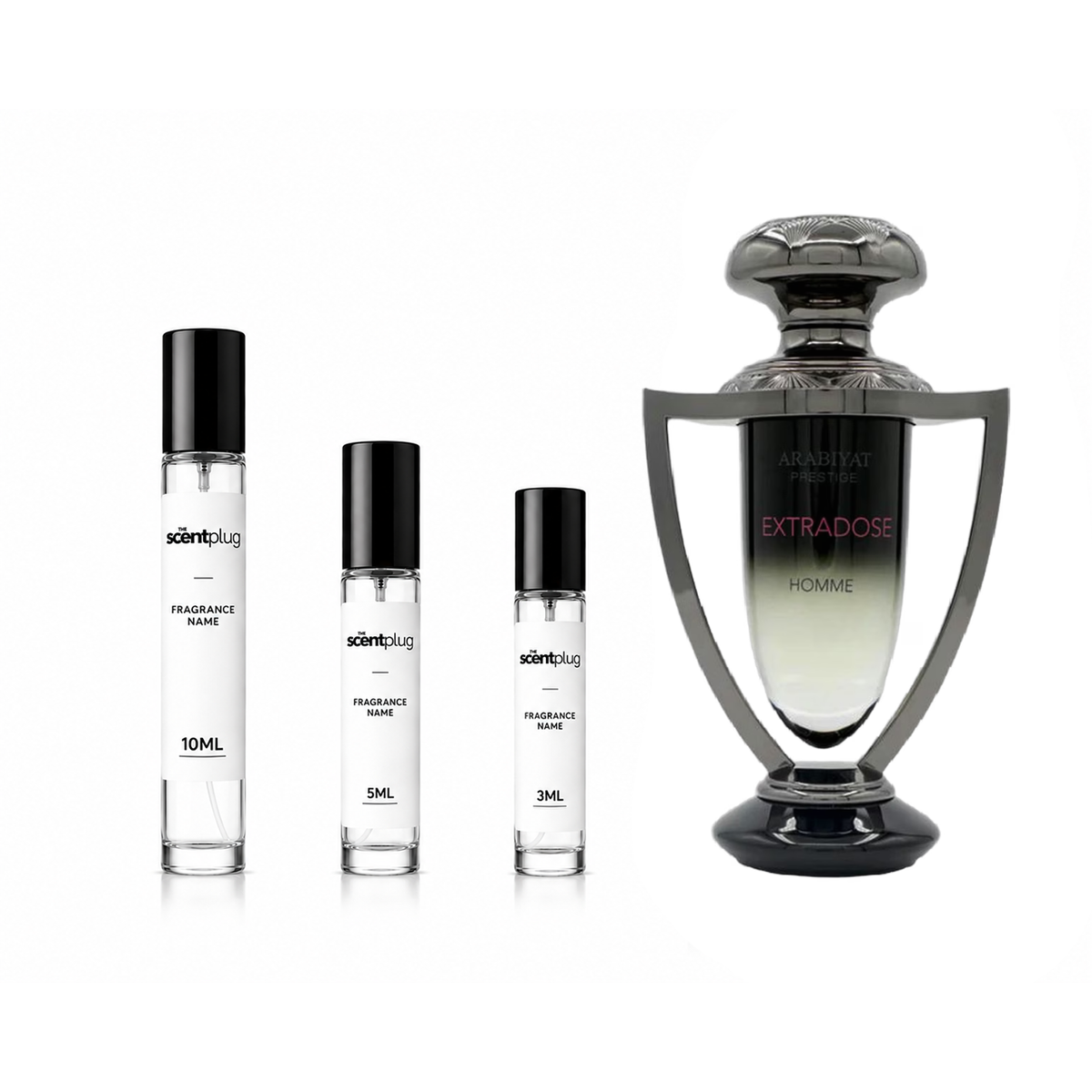 Extradose Homme Arabiyat Prestige decant sample by The Scent Plug, showcasing a sleek, elegant fragrance bottle.