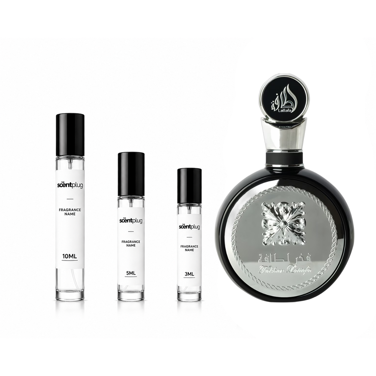 Fakhar Black Lattafa perfume decant sample from The Scent Plug, showcasing the dark-colored fragrance bottle.