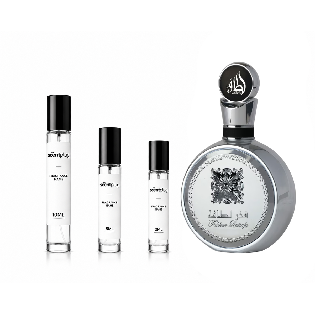 Fakhar Platin Lattafa Perfumes decant sample by The Scent Plug, showcasing the perfume bottle with elegant packaging.