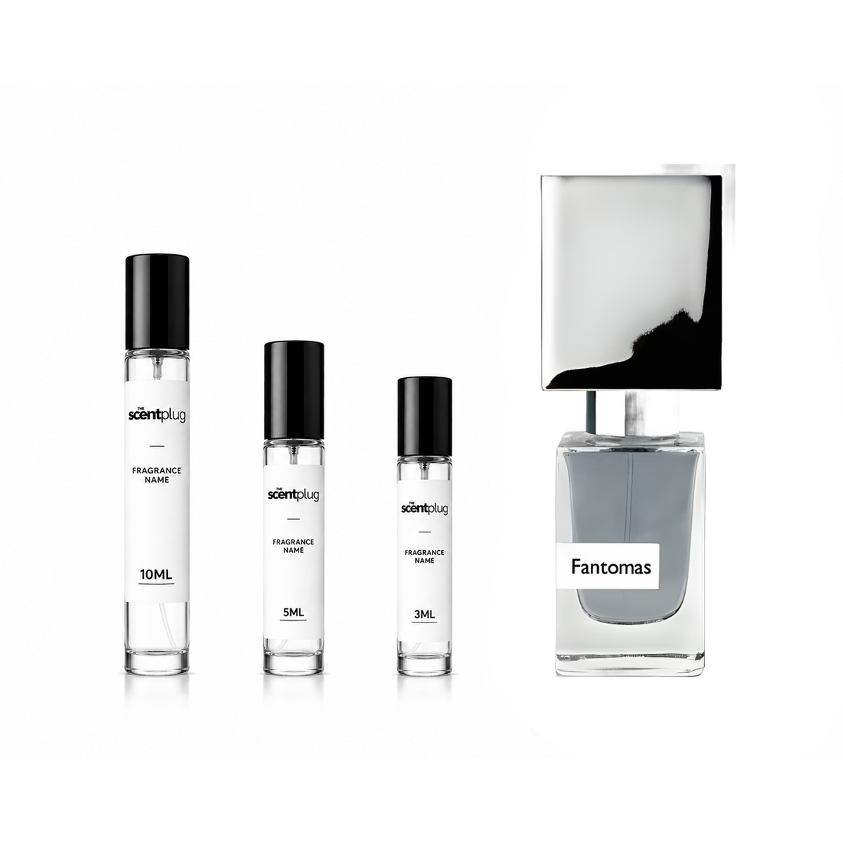 Sample of Fantomas Nasomatto perfume decant, showcasing the small clear bottle with a black cap and label, used for fragrance testing.