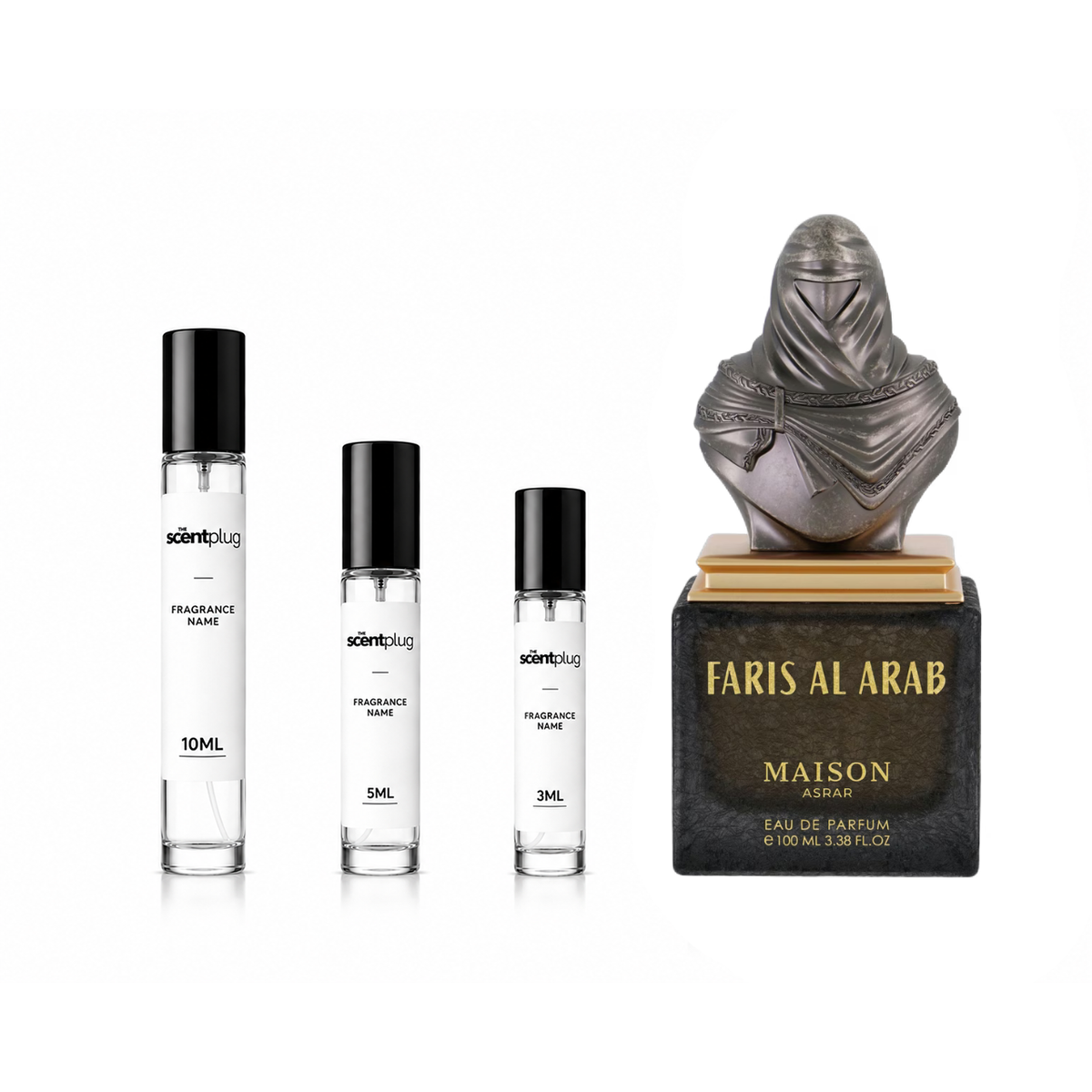 Faris Al Arab MAISON ASRAR perfume sample decant by The Scent Plug, featuring elegant fragrance bottle with gold accents.