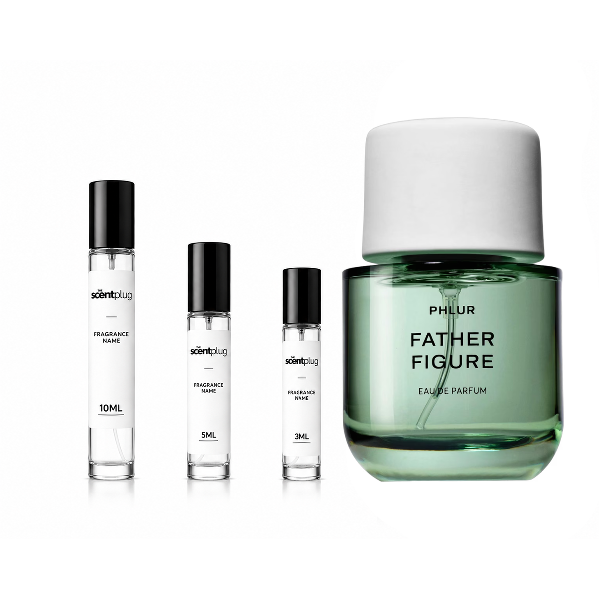 Father Figure Phlur decant sample in a small vial, showcasing the fragrance bottle with branding visible.