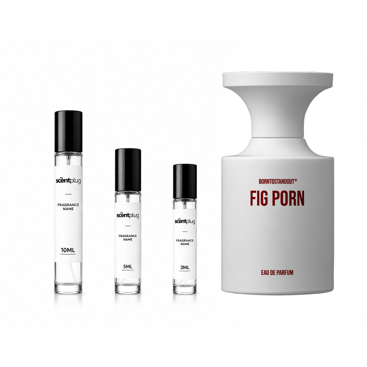 Decant sample of Fig Porn by BORNTOSTANDOUT from The Scent Plug, featuring a sleek bottle with a fig-inspired fragrance design.