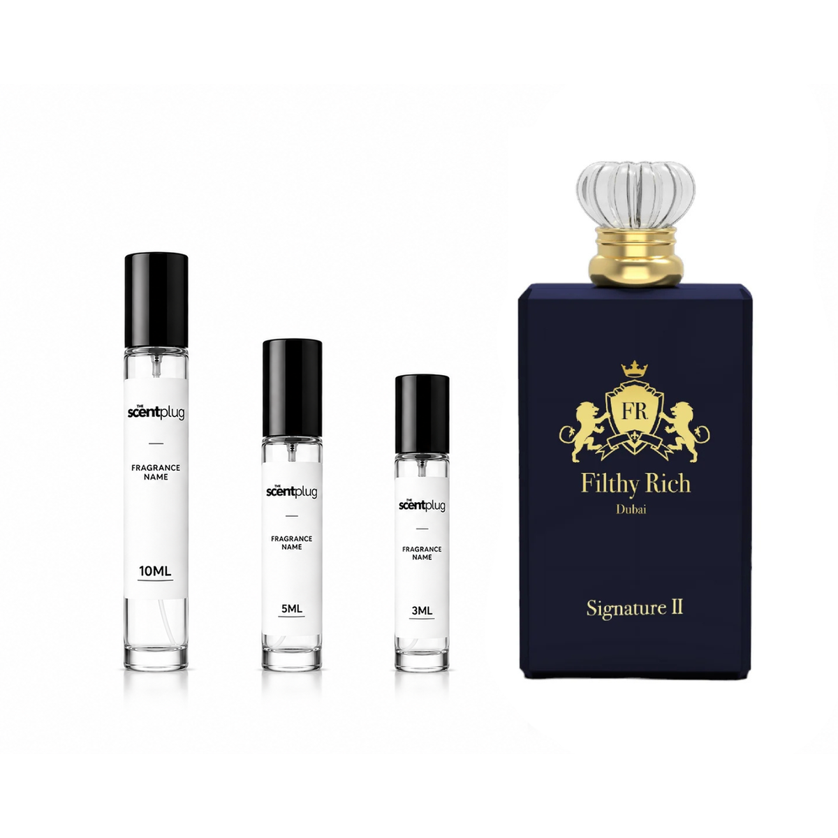 Sample of The Scent Plug's Filthy Rich Dubai Signature II perfume decant in a small container, showcasing the fragrance's branding.