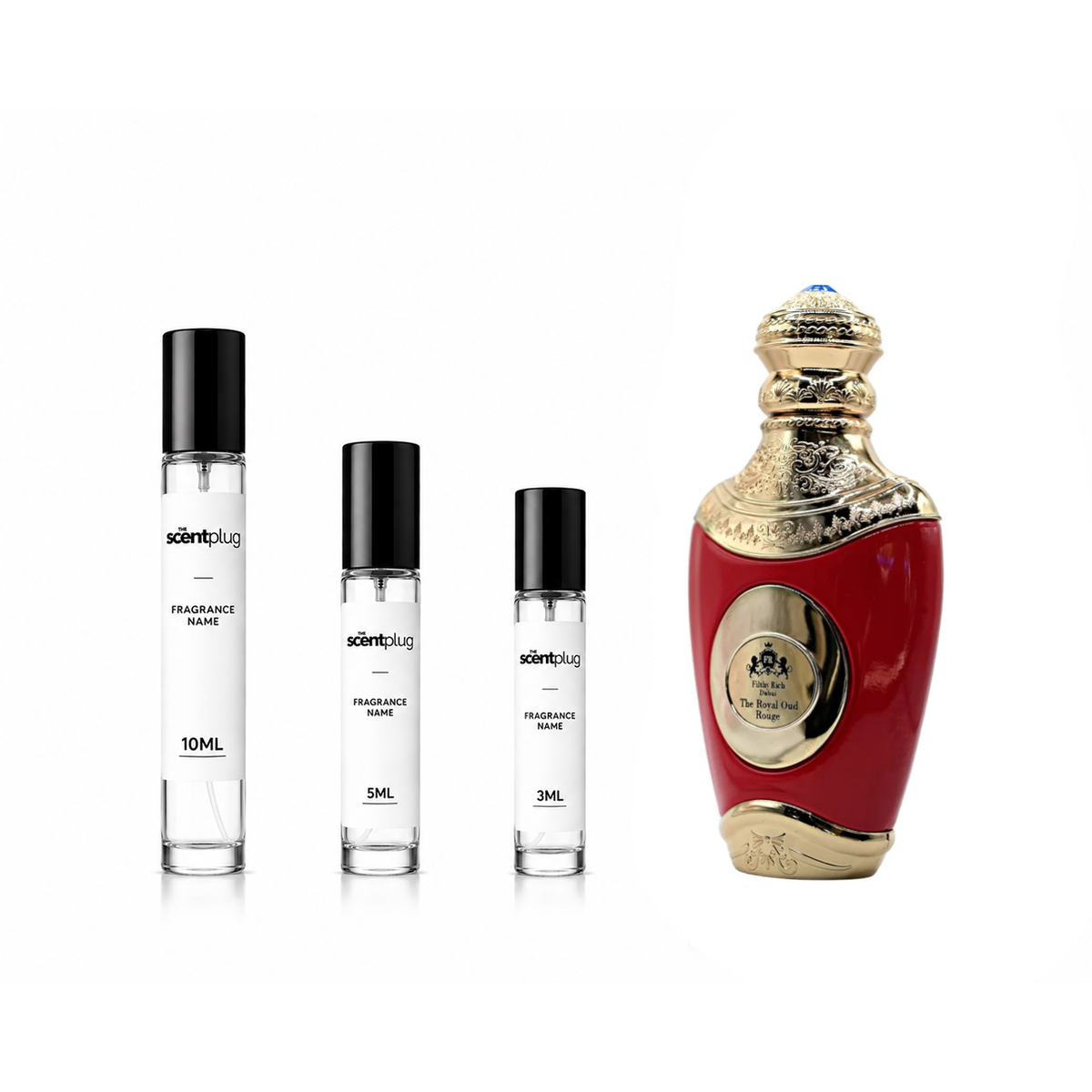Sample of Filthy Rich Dubai The Royal Oud Rouge perfume decant by The Scent Plug, showing the small fragrance vial.