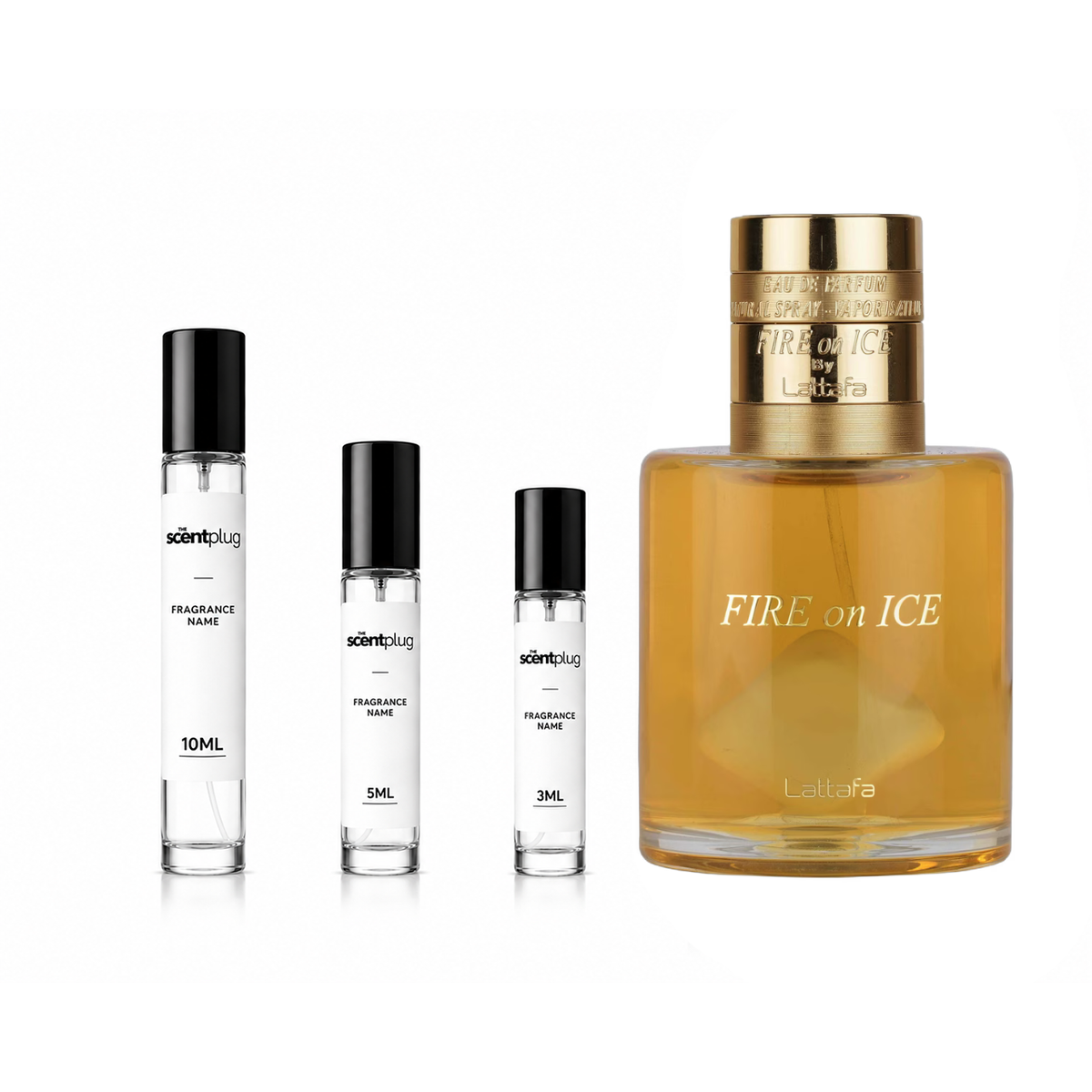 Decant of Fire On Ice Lattafa Perfumes by The Scent Plug, showcasing the fragrance sample in a small container.