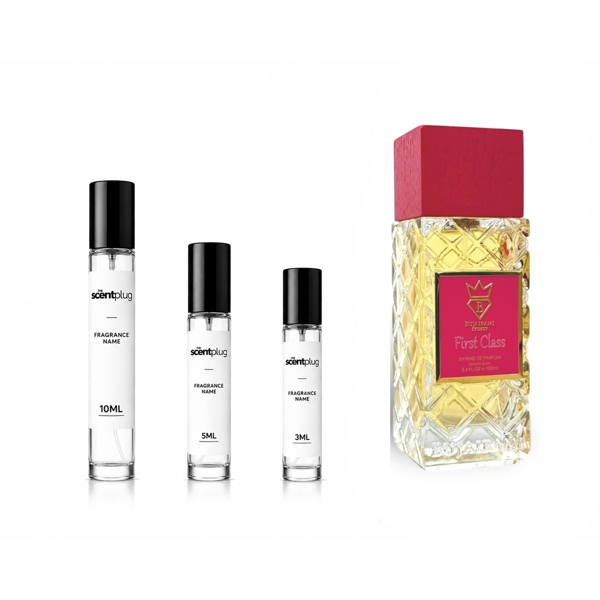First Class Bujairami decant sample from The Scent Plug, showcasing a luxurious fragrance bottle with elegant packaging.