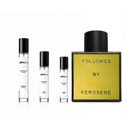 Followed Kerosene decant sample from The Scent Plug, showcasing a clear glass bottle with black cap and label design.