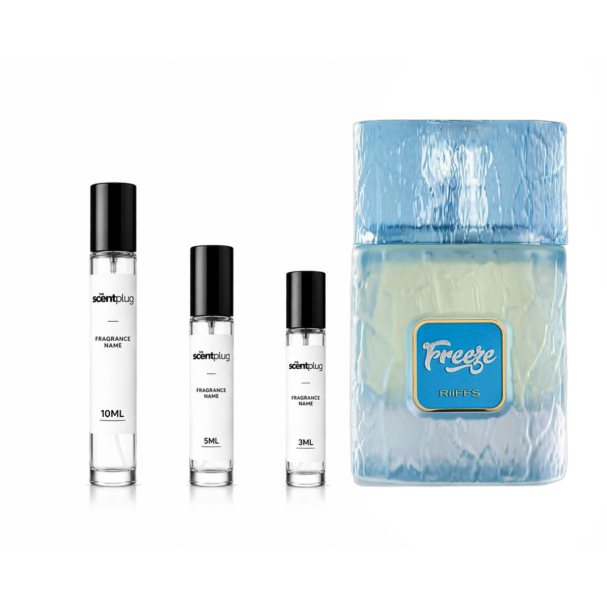 Sample of Freeze Riiffs perfumes decant by The Scent Plug, showcasing the small perfume vial with branding label.