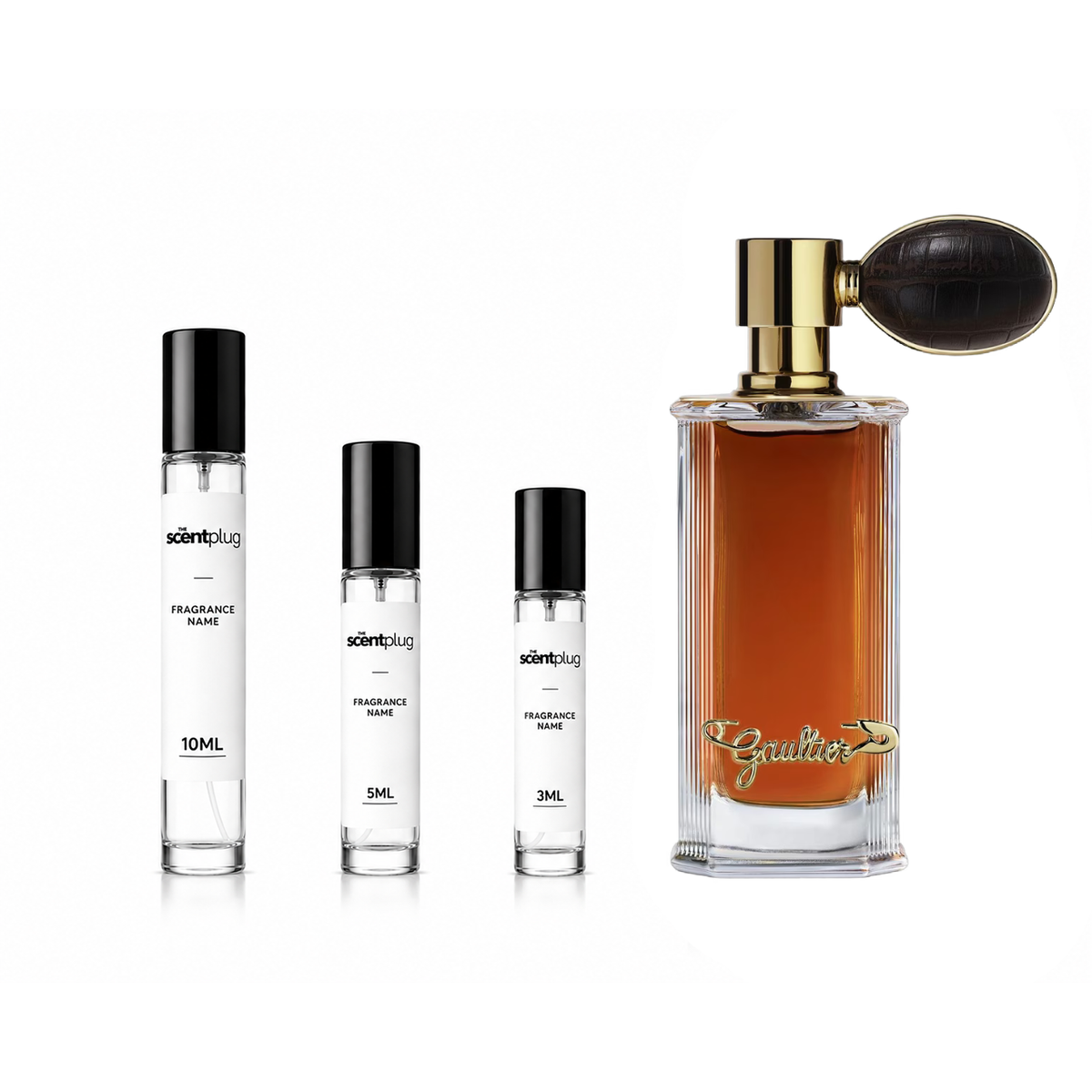 Sample of French Oud by Jean Paul Gaultier, decant bottle with the perfume's elegant packaging and branding visible.