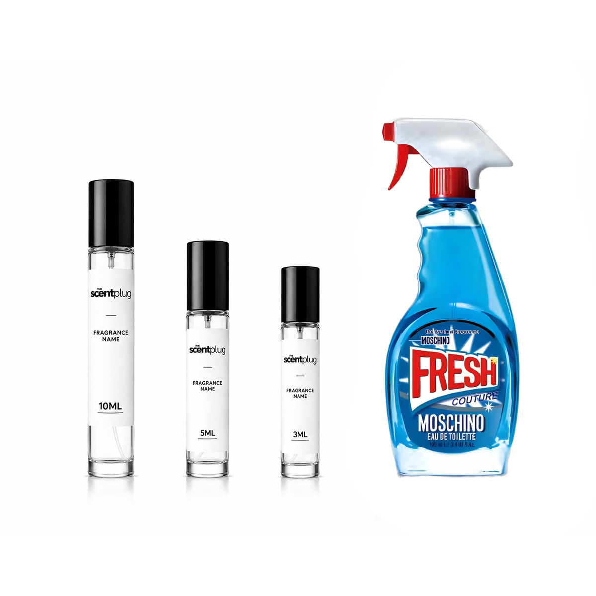 Fresh Couture Moschino perfume decant sample by The Scent Plug, featuring a sleek bottle with a modern design and vibrant label.