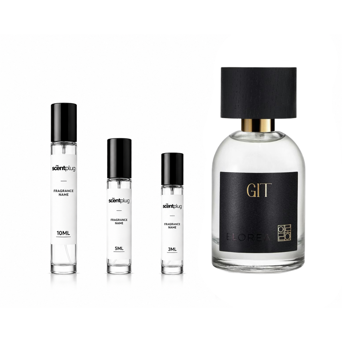 GIT ELOREA perfume decant sample by The Scent Plug, showcasing a sleek bottle with elegant branding and clear fragrance label.