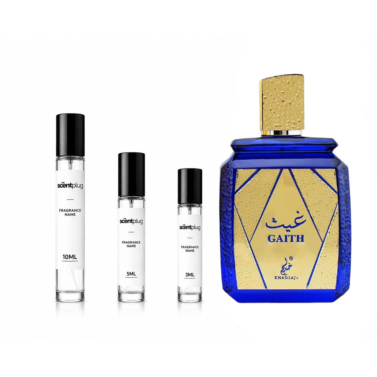Sample of Gaith Khadlaj perfume decant by The Scent Plug, showcasing the small fragrance vial with decorative cap.