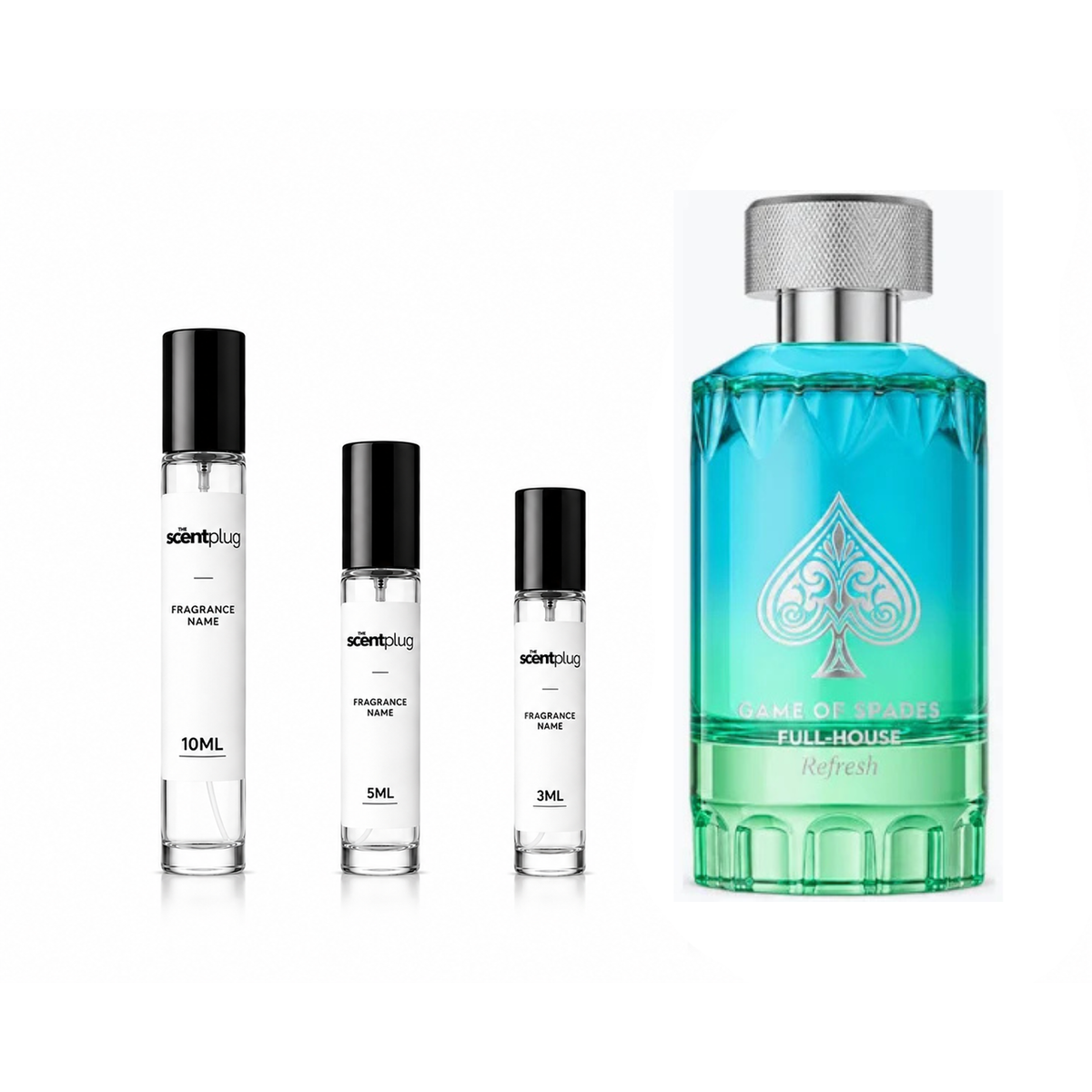 The Scent Plug Game of Spades Full House Refresh Decant sample bottle with intricate label design.