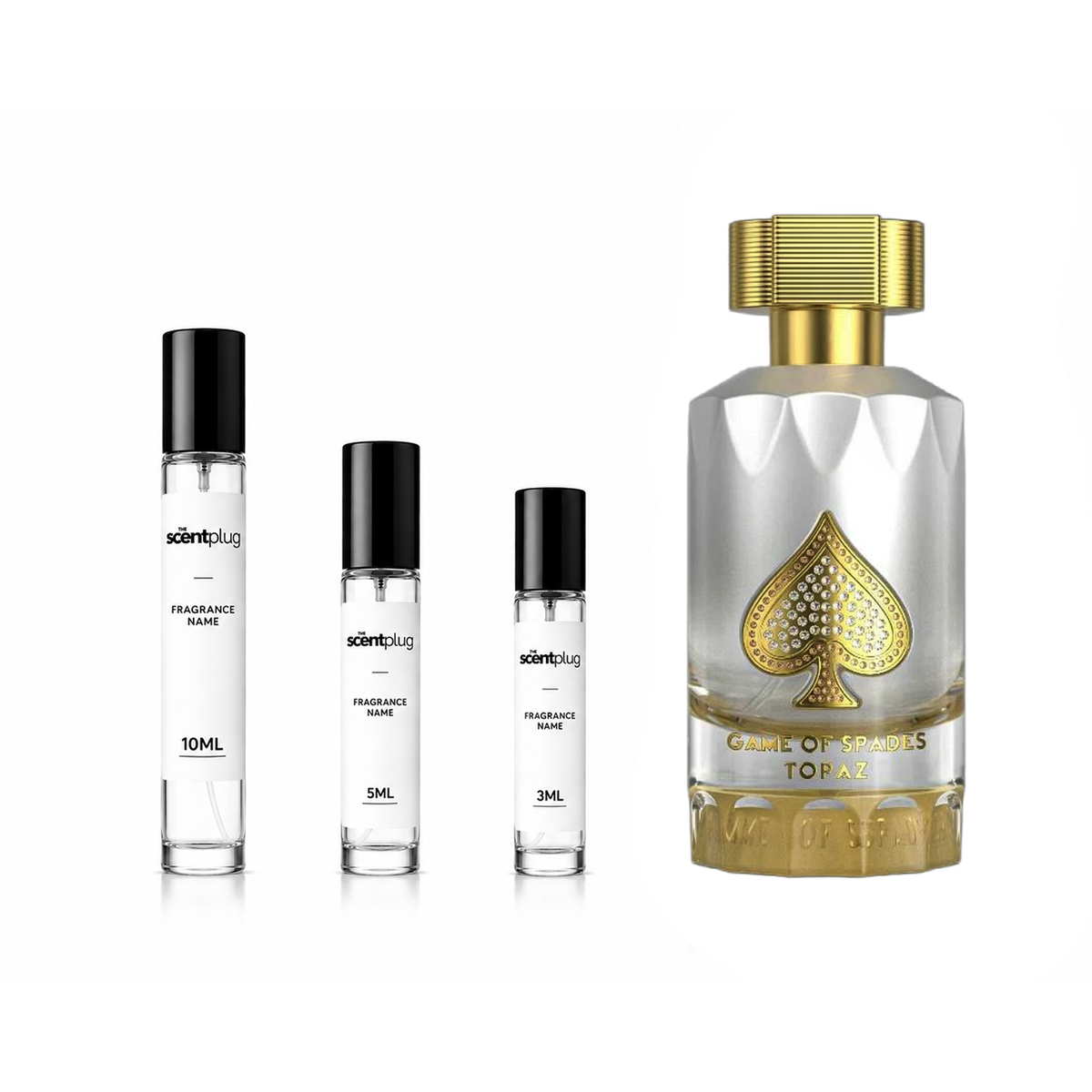 Sample of Game of Spades Topaz Jo Milano Paris Decant by The Scent Plug, showcasing the elegant perfume bottle design.