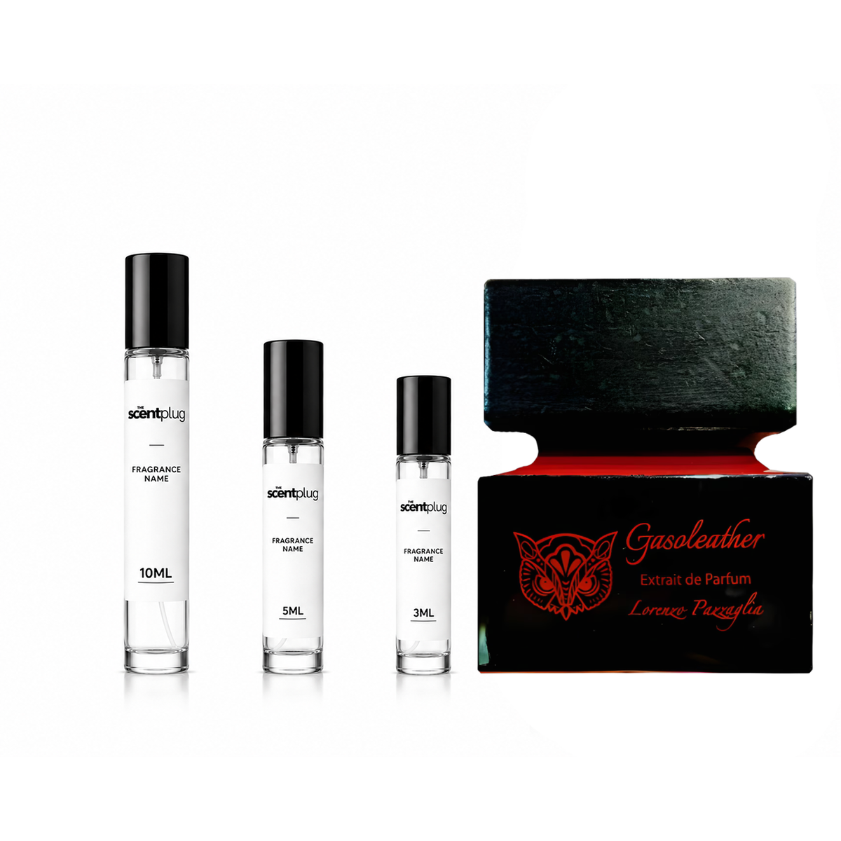 Sample of Gasoleather Lorenzo Pazzaglia fragrance by The Scent Plug, showing a sleek bottle with a modern design.