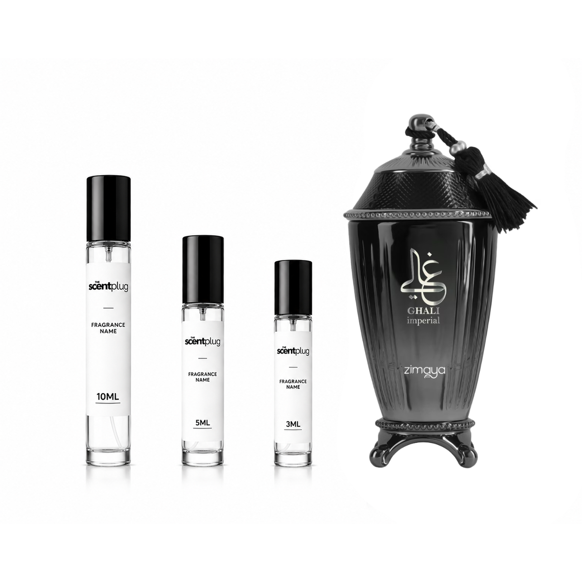 Decant bottle of Ghali Imperial Zimaya perfume by The Scent Plug, showcasing elegant packaging and fragrance sample.