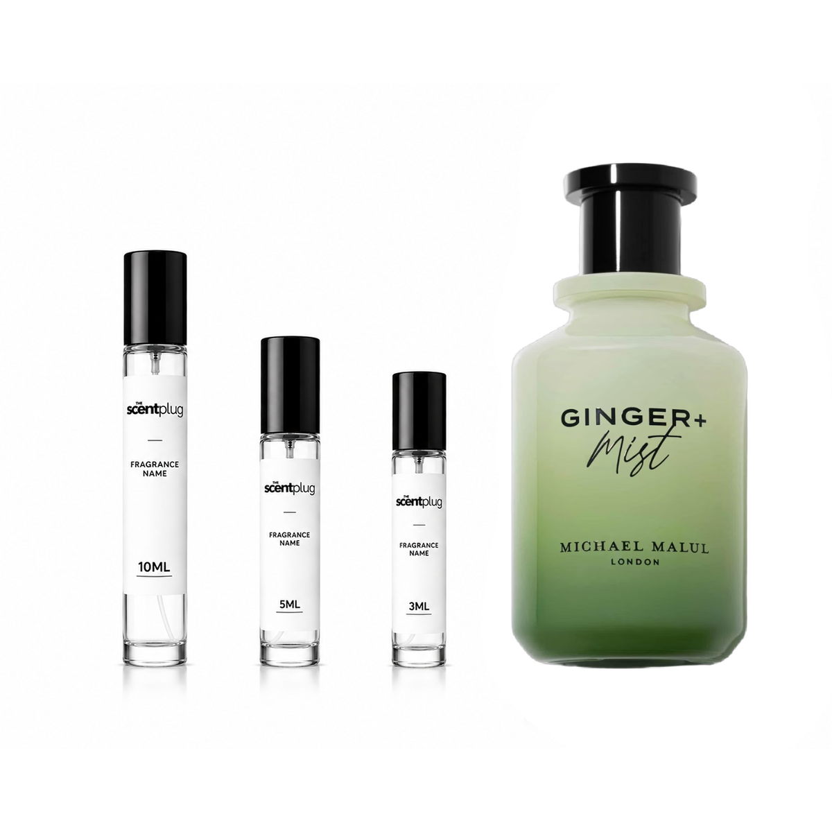 Sample of Ginger+Mist by Michael Malul London decant, showcasing the fragrance bottle with a sleek design and clear label.