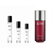 Glitch Assaf decant sample by The Scent Plug, showcasing a sleek glass bottle with black and white label design.