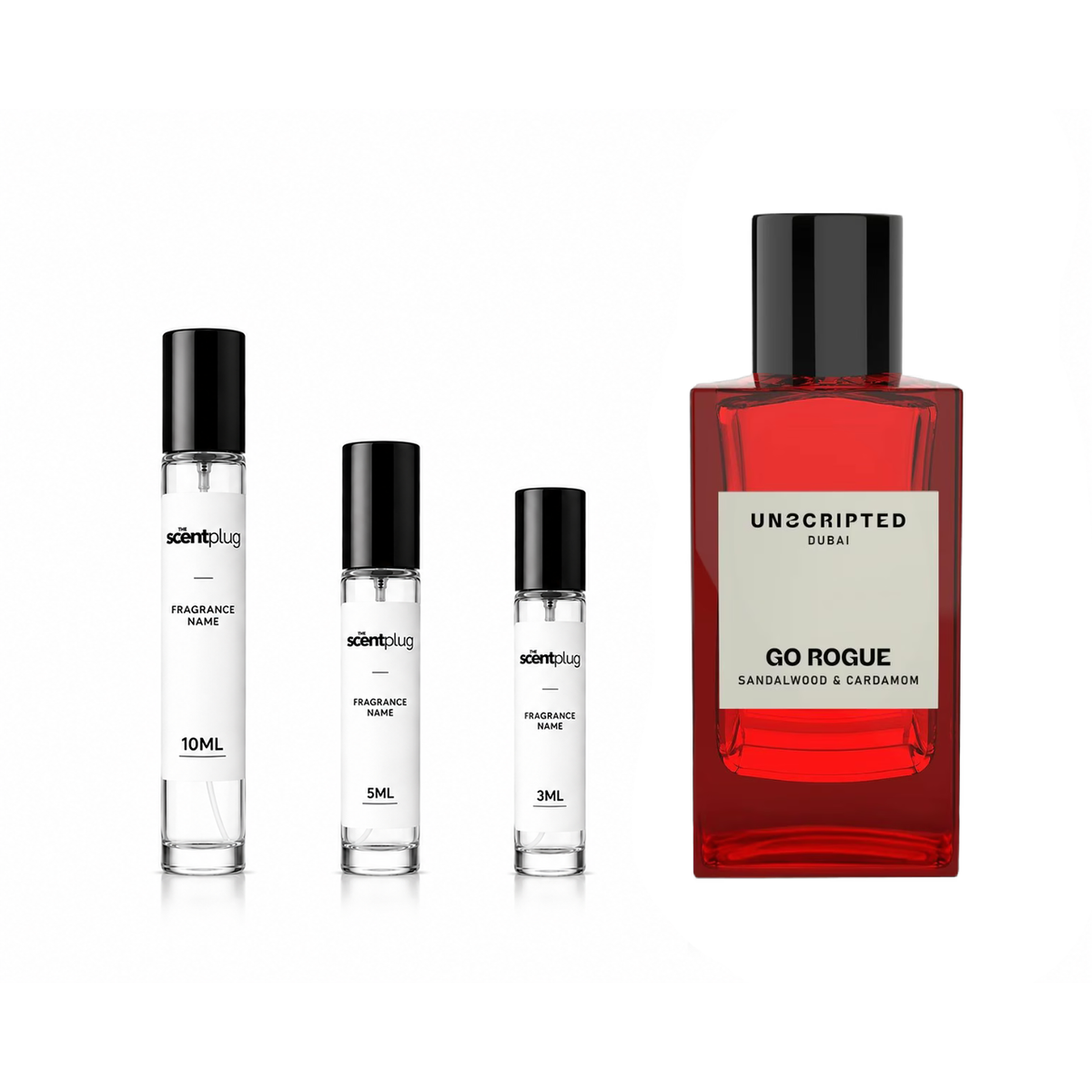 Go Rogue Unscripted perfume decant by The Scent Plug, showcasing a sleek container for the fragrance sample.