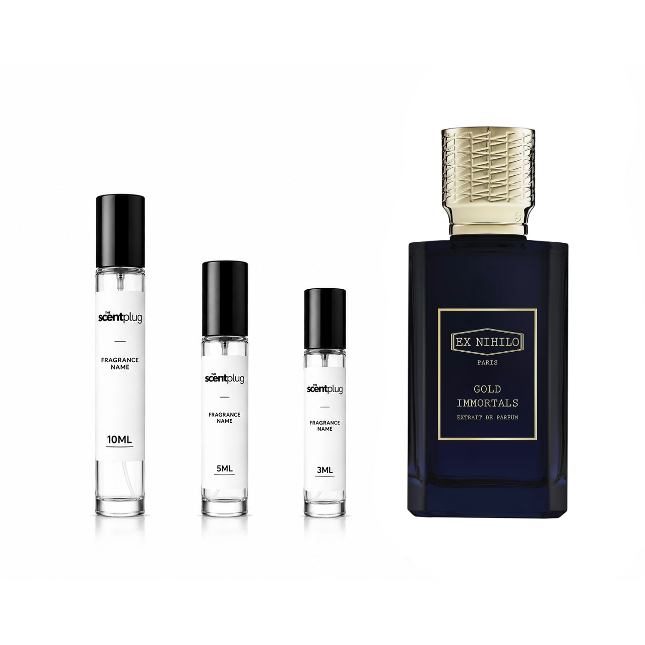 Gold Immortals Extrait de Parfum by Ex Nihilo displayed in a sleek bottle, sample decant from The Scent Plug.