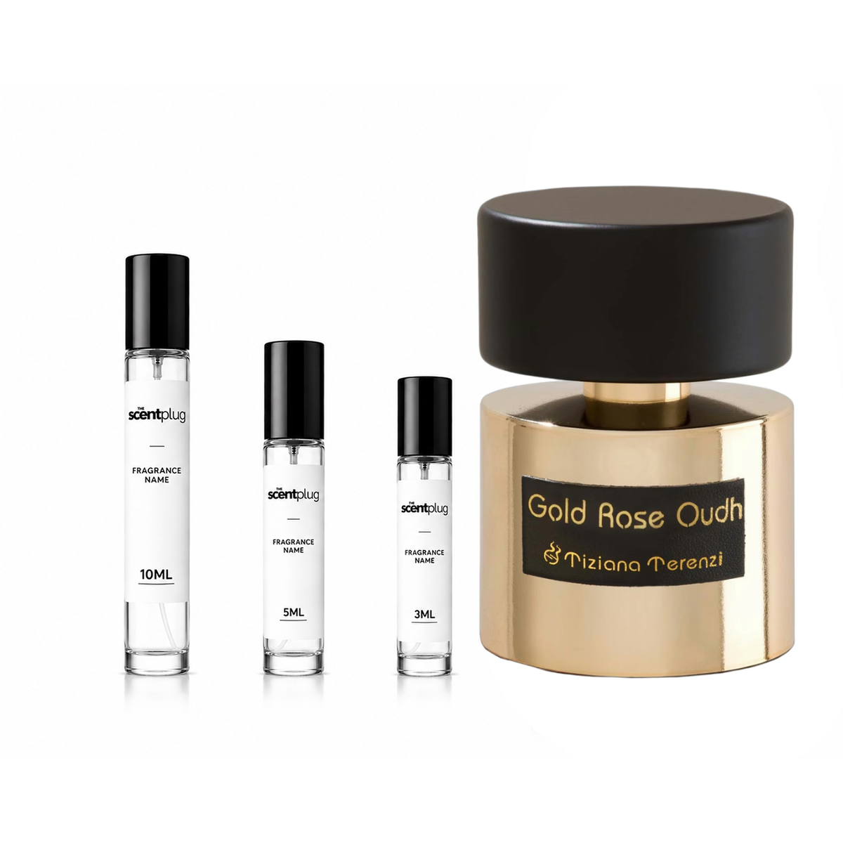 Gold Rose Oudh by Tiziana Terenzi in a decant sample bottle, featuring a luxurious gold-colored container with elegant branding.