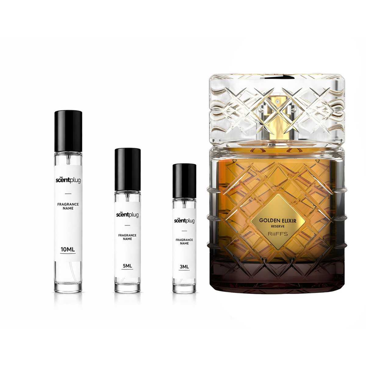 Golden Elixir Reserve Riiffs perfume sample by The Scent Plug, showcasing a luxurious golden-colored bottle and elegant packaging.