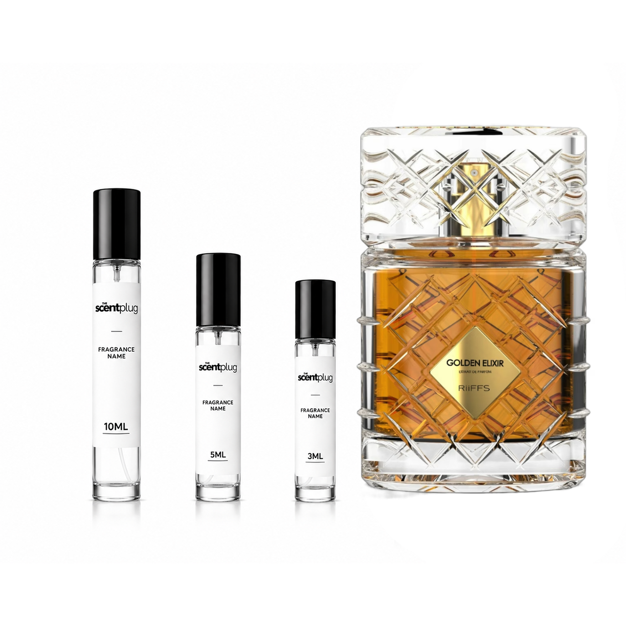 Golden Elixir Riiffs perfume decant sample by The Scent Plug featuring a sleek golden bottle and elegant packaging.
