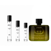 Sample of Gucci Guilty Absolu de Parfum Pour Homme by Gucci, displayed in a sleek glass bottle with a black cap.