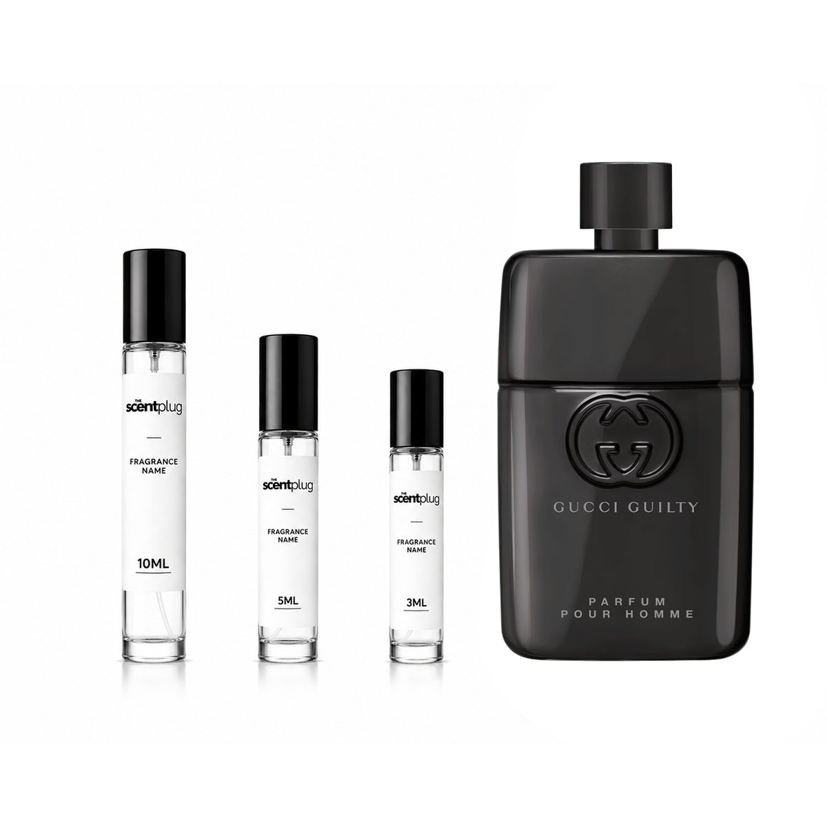 Gucci Guilty Pour Homme parfum sample in a sleek bottle, showcased on a neutral background, highlighting the luxurious fragrance.