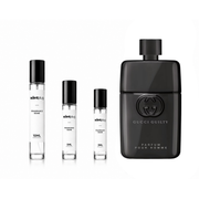 Gucci Guilty Pour Homme parfum sample in a sleek bottle, showcased on a neutral background, highlighting the luxurious fragrance.